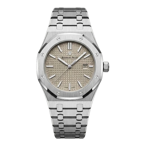 أوديمار بيغه ساعة رجالية – فضي / بيج بنقشة بارزة / سوار معدني (نافذة تاريخ)