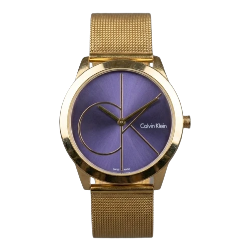 كالفن كلاين ساعة رجالية – ذهبي / كحلي / سوار شبكي معدني (تصميم بسيط)