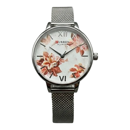 كورين ساعة نسائية – فضي / أبيض مزخرف بالورود / سوار شبكي معدني (قرص مزهر)