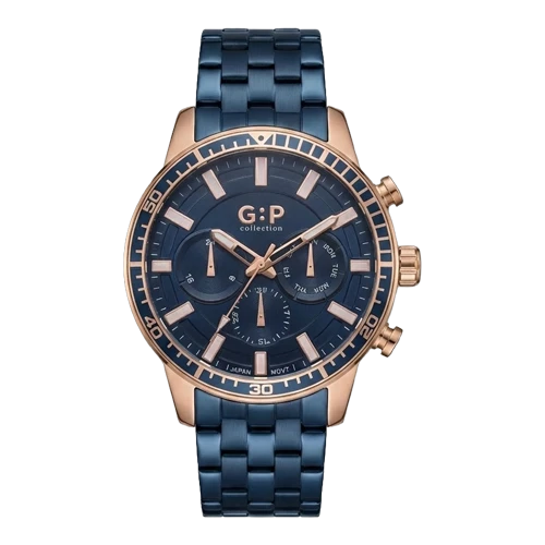 جي : بي ساعة رجالية – روز جولد / كحلي / سوار معدني (كرونوغراف)