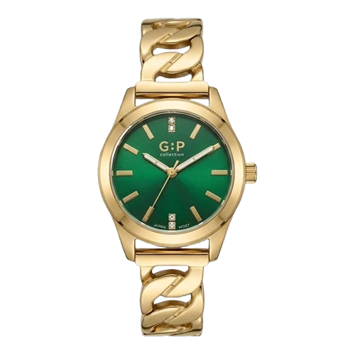 جي : بي ساعة نسائية – ذهبي / أخضر / سوار معدني (تصميم بسيط)