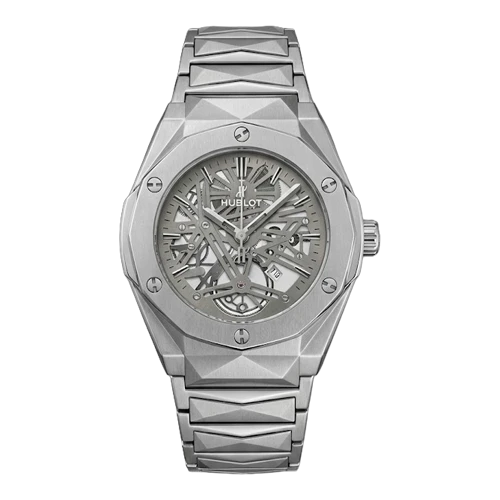 هوبلو ساعة رجالية – فضي / رمادي هيكلي / سوار معدني (قرص هيكلي)