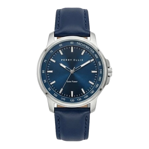 بيري إيليس ساعة رجالية – فضي / كحلي / سوار جلدي (قرص تاكيمتر)