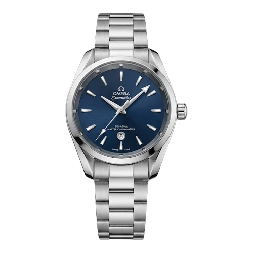 أوميغا ساعة رجالية – فضي / كحلي / سوار معدني (نافذة تاريخ)