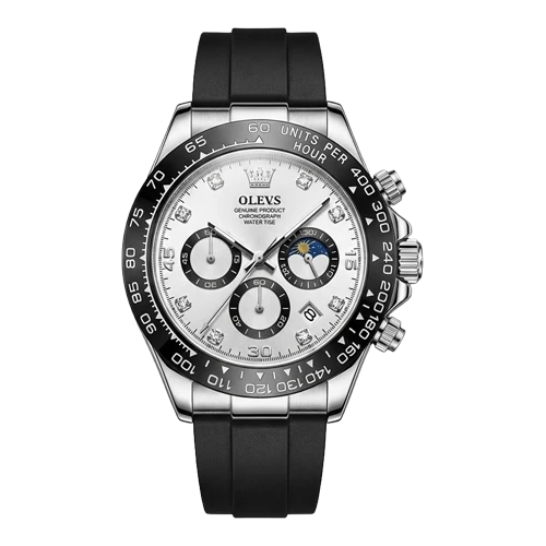 أوليفز ساعة رجالية – فضي / أبيض / سوار مطاطي (كرونوغراف)