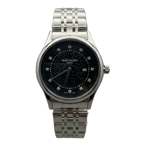 باتيك فيليب ساعة رجالية – فضي / أسود / سوار معدني (قرص مرصع)