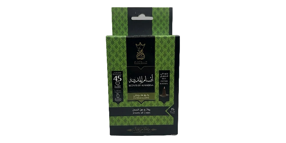 بخور مخروطي ذاتي الاشتعال أنسام المدينة من بخور أنسام ١٥ قمع ٤٥ دقيقة مع حامل مخصص