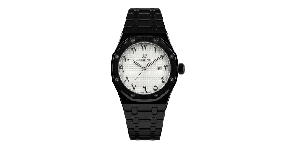 أوديمار بيغه ساعة رجالية – أسود / أبيض / سوار معدني (أرقام عربية)