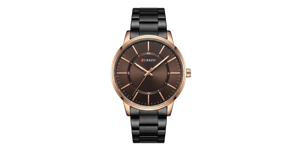 كورين ساعة رجالية – روز جولد / بني / سوار أسود معدني (تصميم بسيط)