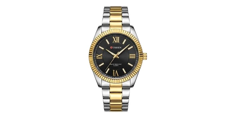 كورين ساعة رجالية – ثنائي اللون ذهبي/فضي / أسود / سوار معدني (أرقام رومانية)