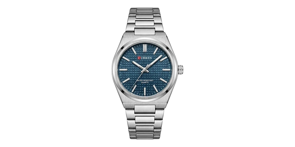 كورين ساعة رجالية – فضي / أزرق / سوار معدني (قرص بنقشة)