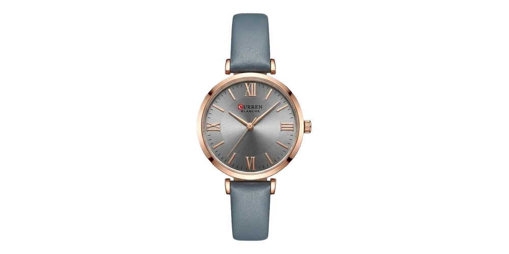 كورين ساعة نسائية – روز غولد / رمادي فاتح / سوار جلدي (أرقام رومانية)