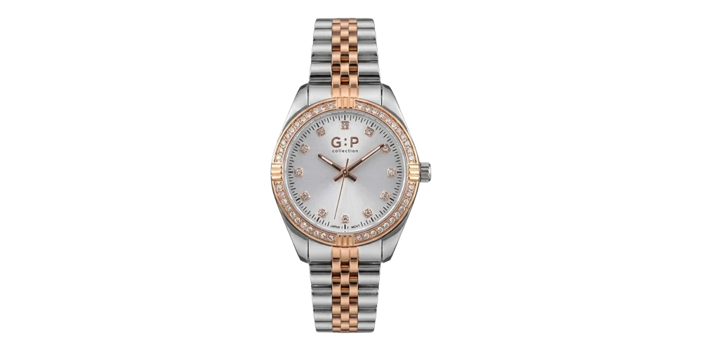 جي : بي ساعة نسائية – ثنائي اللون روز غولد/فضي / أبيض / سوار معدني (إطار كريستال)