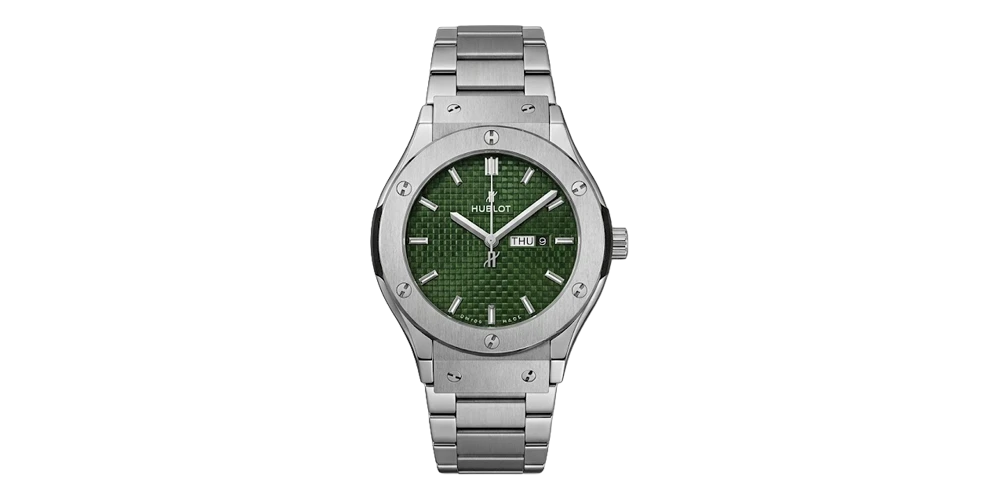 هوبلوت ساعة رجالية – فضي / أخضر / سوار معدني (نافذة تاريخ)