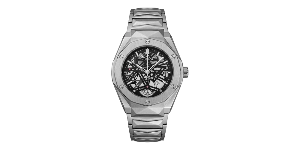 هوبلوت ساعة رجالية – فضي / أسود هيكلي / سوار معدني (قرص هيكلي)