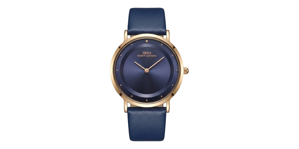 اي بي اس او ساعة – ذهبي / كحلي / سوار جلد (قرص دائري بسيط)