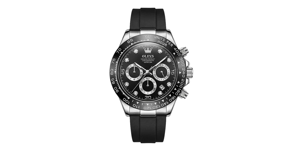 أوليفس ساعة رجالية – أسود / فضي / سوار مطاطي (كرونوغراف رياضي)