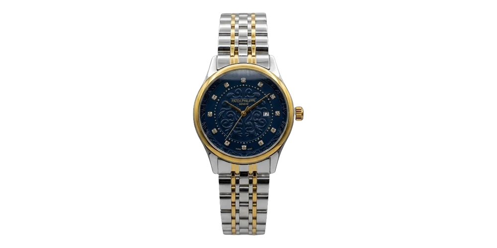 باتيك فيليب ساعة رجالية – ذهبي / فضي / سوار معدني (قرص أزرق مزخرف)