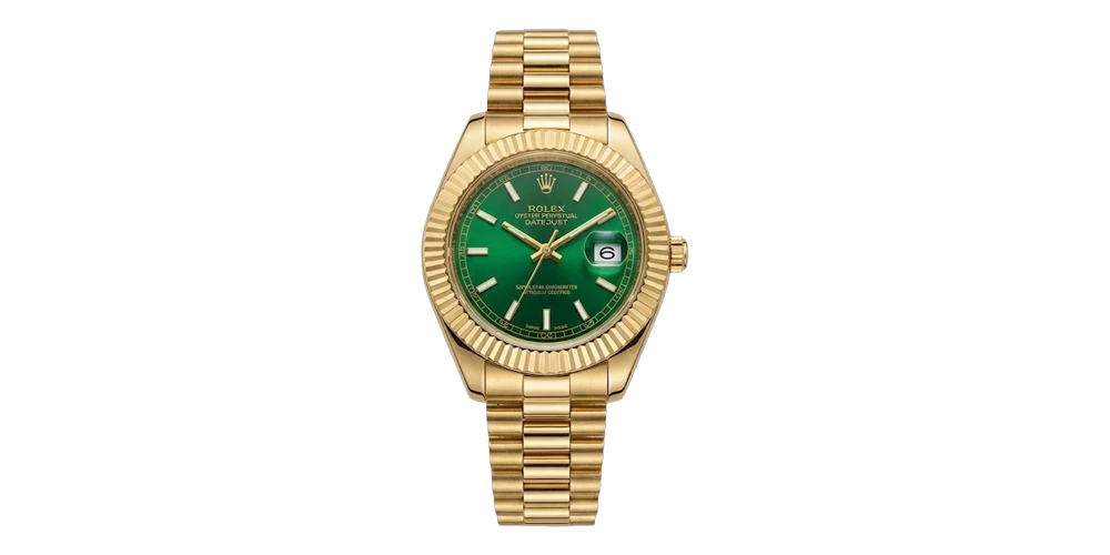 ساعة رولكس للرجال بسوار معدني ذهبي ومينا خضراء لامعة وإطار مسنن ذهبي