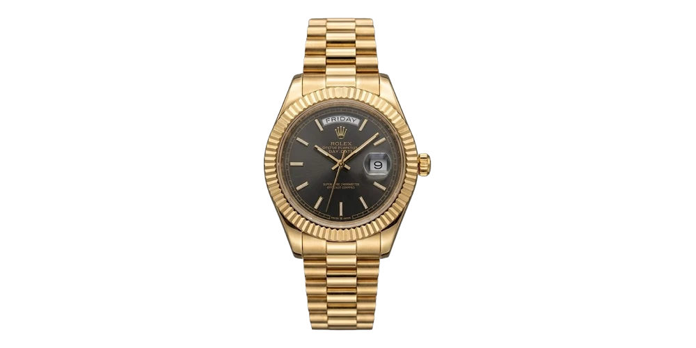 ساعة رولكس للرجال بسوار معدني ذهبي ومينا رمادية داكنة لامعة وإطار مسنن ذهبي