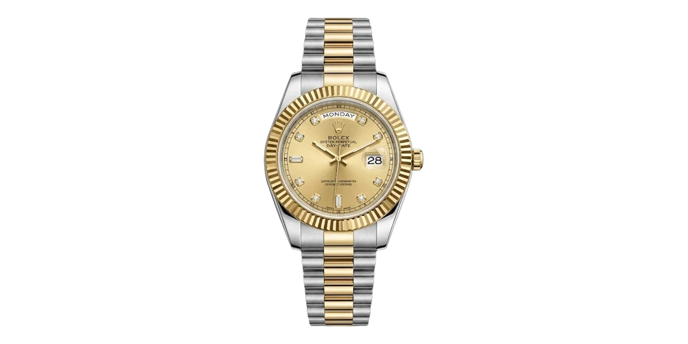 ساعة رولكس للرجال بسوار معدني ثنائي اللون ومينا ذهبية مرصعة وإطار مسنن ذهبي