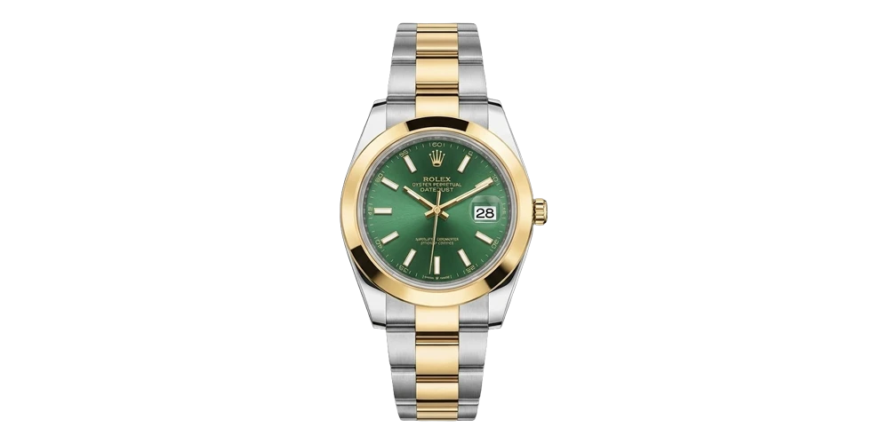 ساعة رولكس للرجال بسوار معدني ثنائي اللون ومينا خضراء لامعة وإطار أملس ذهبي